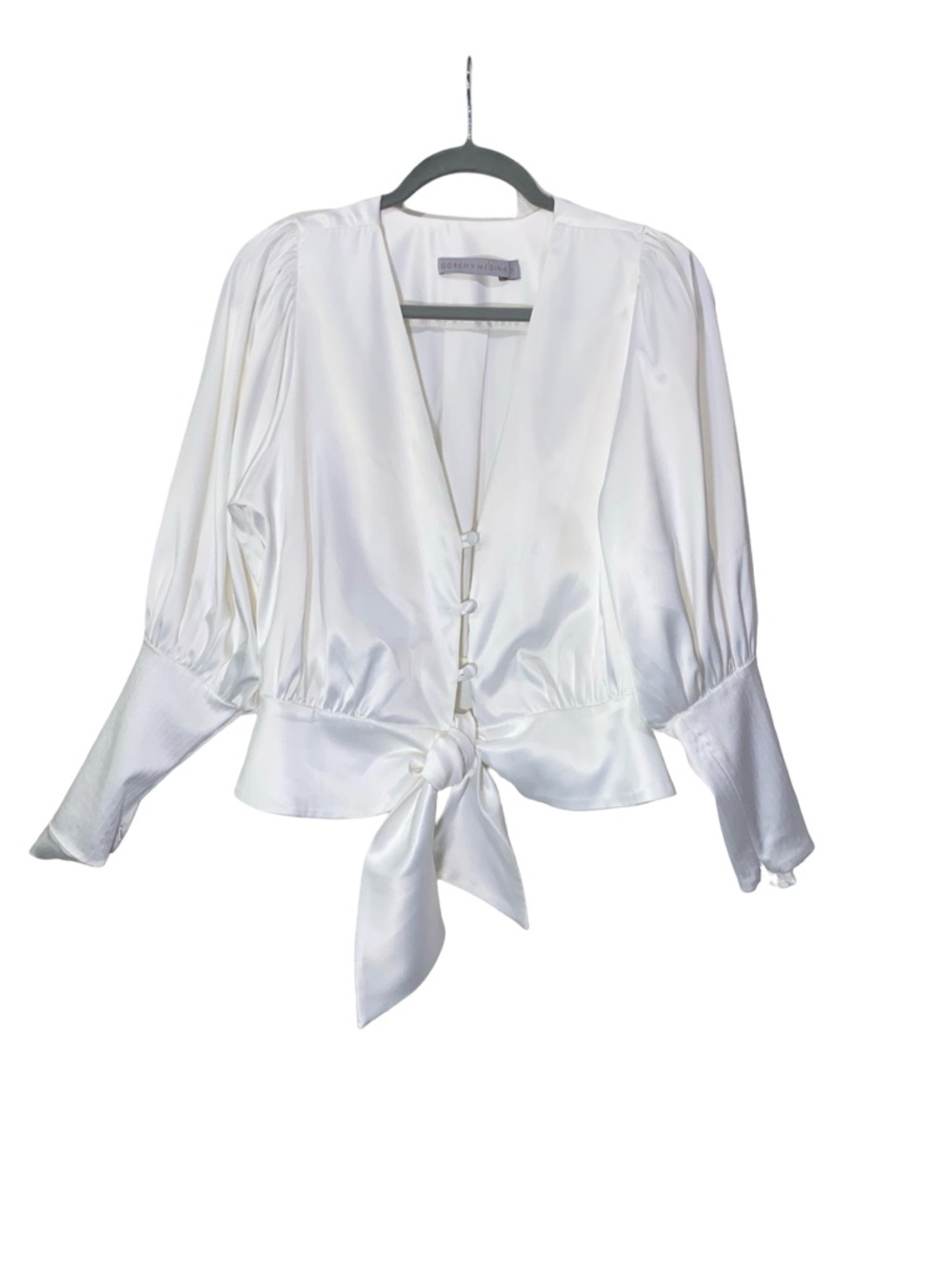 Goretty Medina White Satin Puff‎ Sleeve Tie-v neck Front Blouse - Size S - Picture 2 of 5